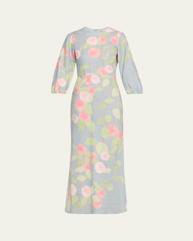 Flower Printed Linen Long Dress